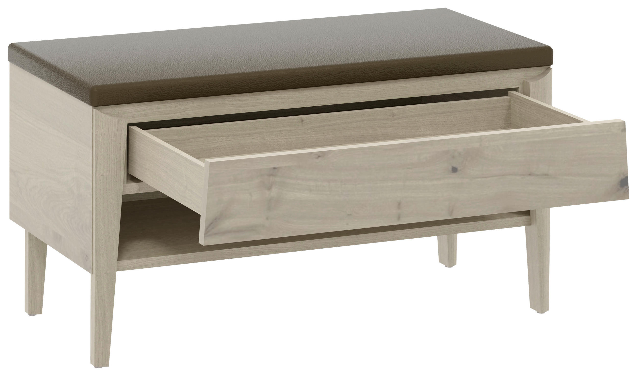 GARDEROBENBANK Eiche furniert, massiv Weiß, Eichefarben  - Greige/Eichefarben, Natur, Glas/Leder (100,2/54,2/44,6cm) - Voglauer