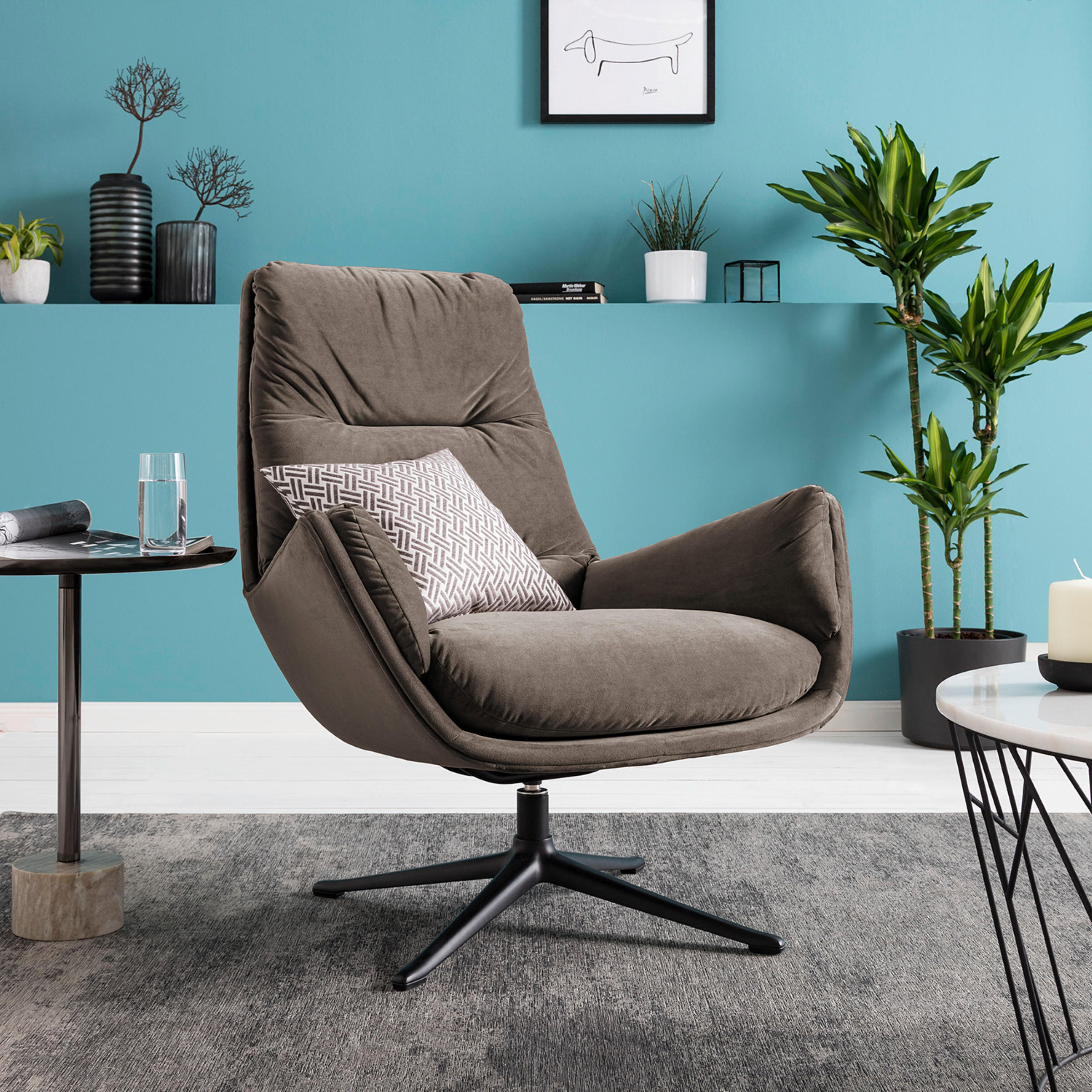 SESSEL in Samt Taupe  - Taupe/Schwarz, Design, Textil/Metall (83/94/97cm) - home24