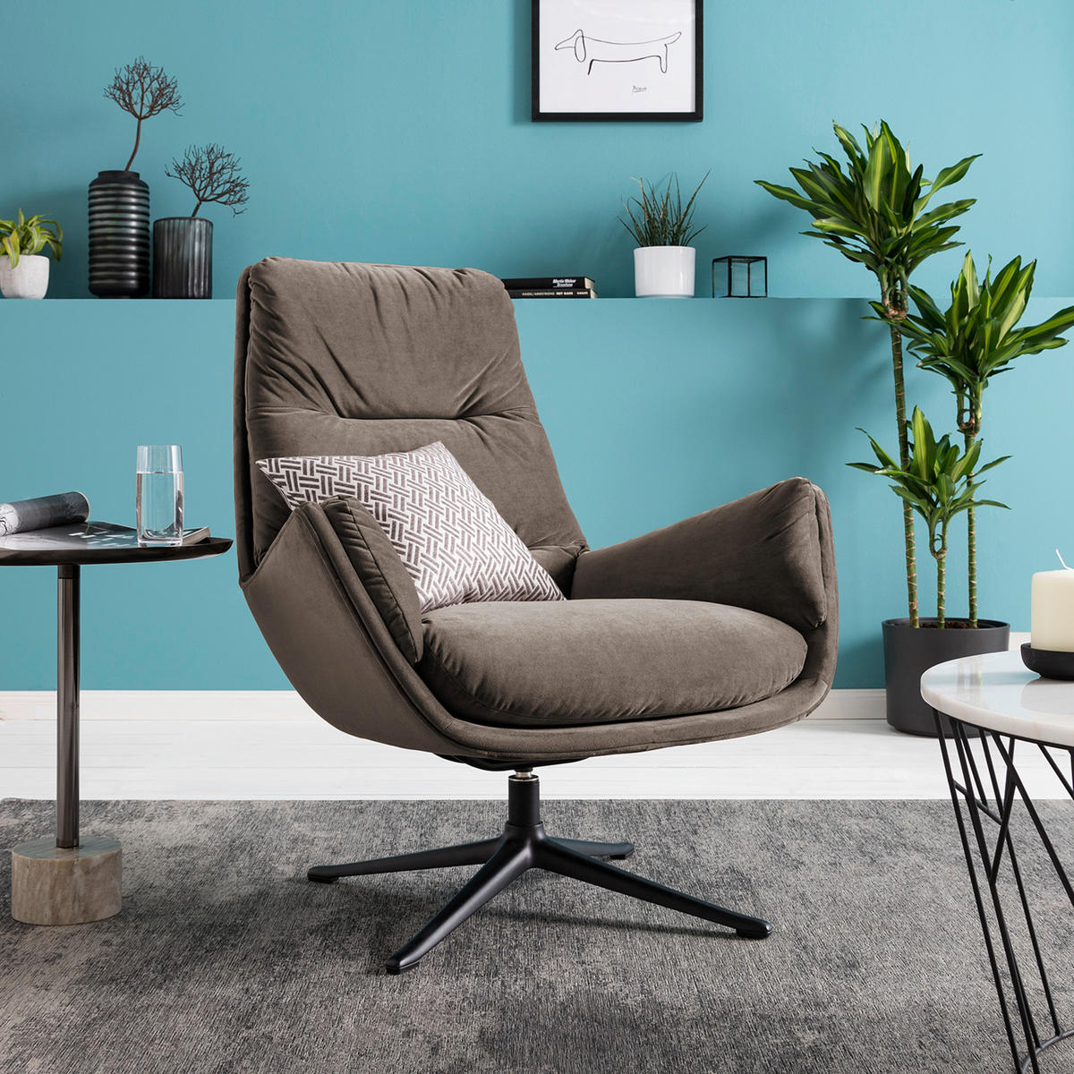 SESSEL in Samt Taupe  - Taupe/Schwarz, Design, Textil/Metall (83/94/97cm) - home24