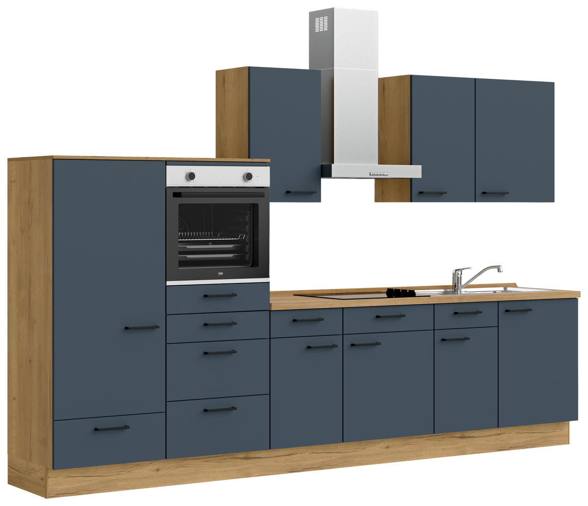KÜCHENBLOCK 330 cm   in Eichefarben, Dunkelblau  - Eichefarben/Schwarz, MODERN, Holzwerkstoff/Metall (330cm) - Nobilia