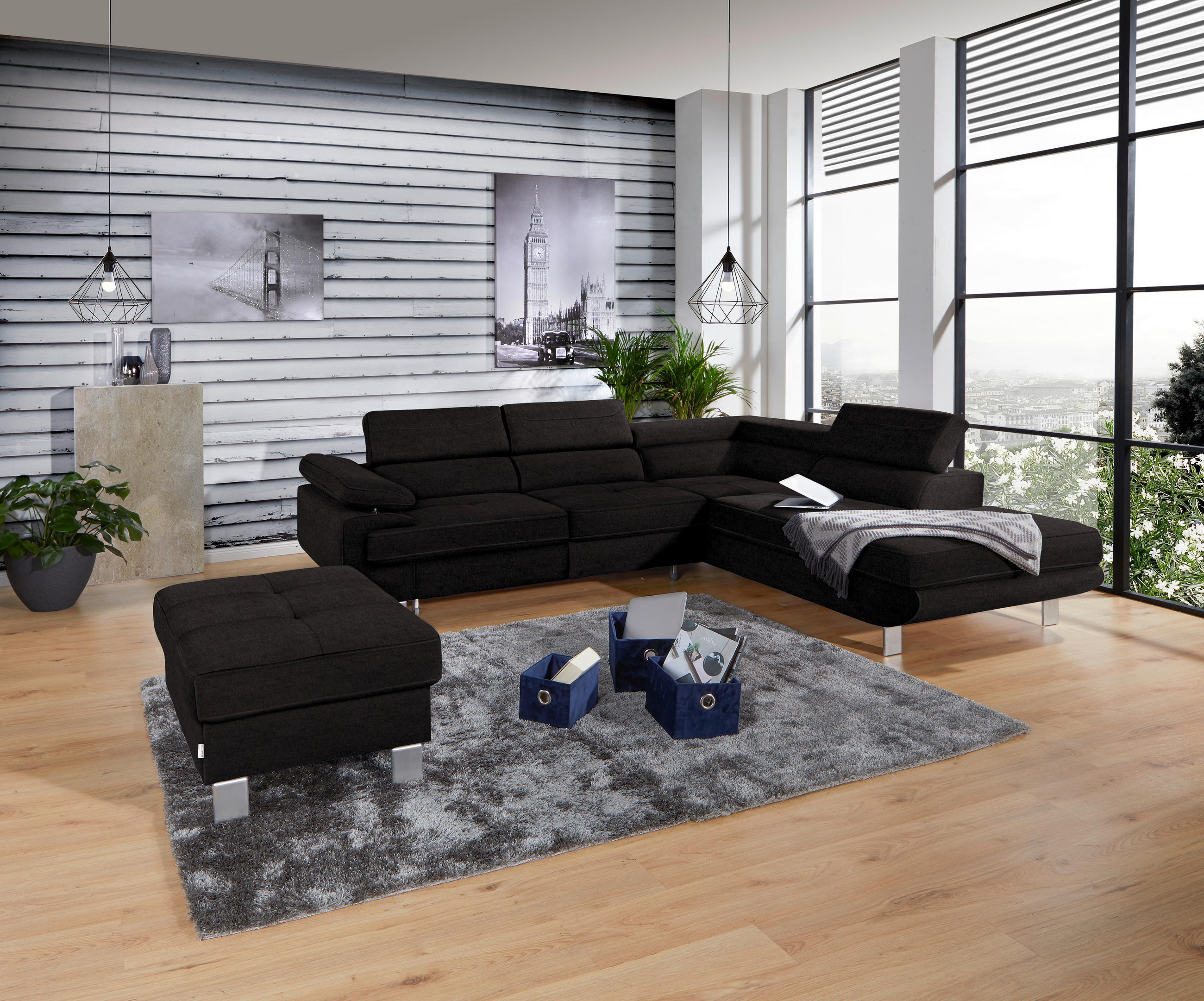 HÖRNSOFFA i dräll svart  - svart, Modern, metall/textil (270/230cm) - MID.YOU