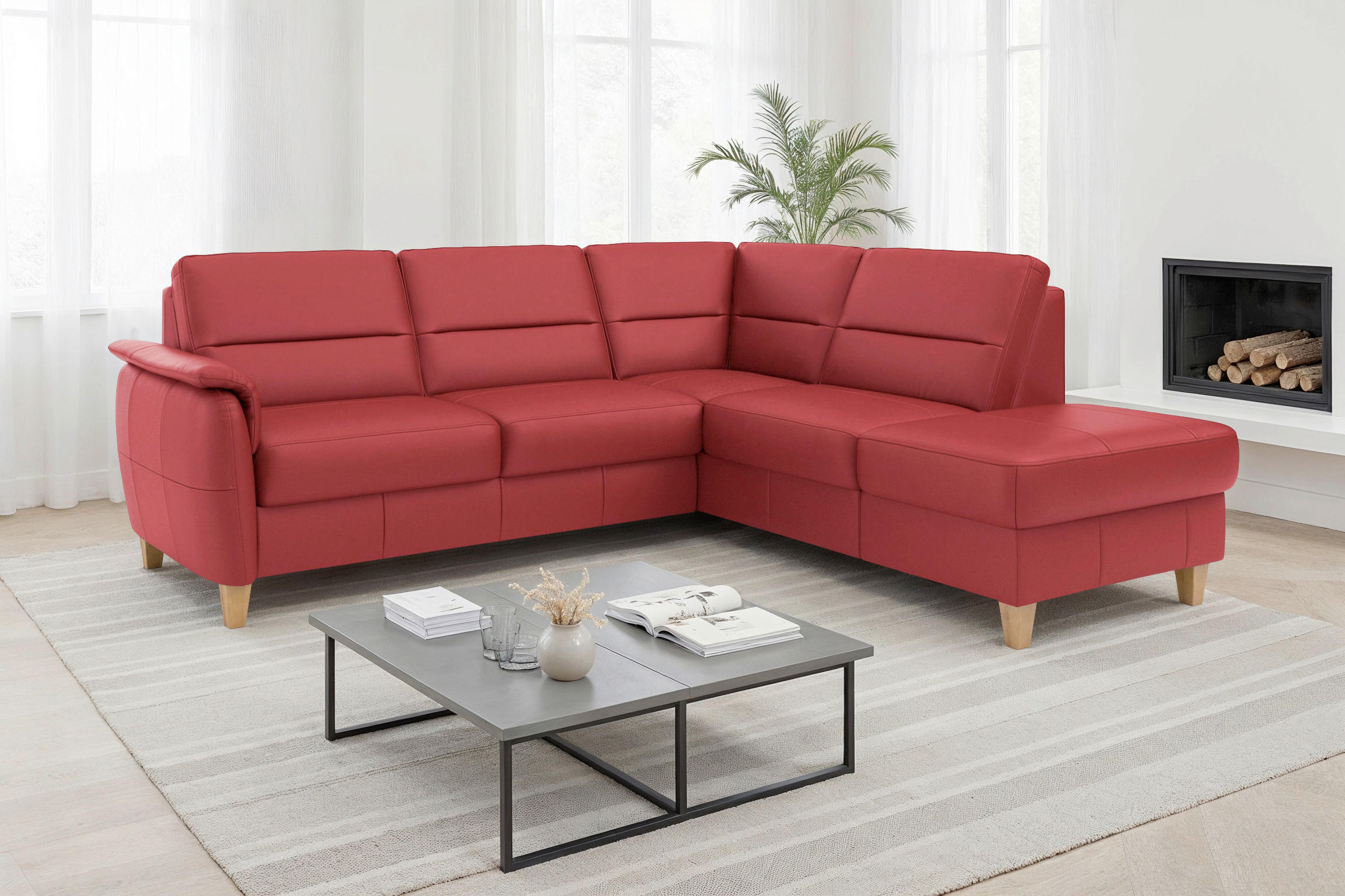 ECKSOFA PALMERA E in Echtleder Rot  236/212 cm  - Eichefarben/Rot, Basics, Leder/Holz (236/212cm) - Sit & More