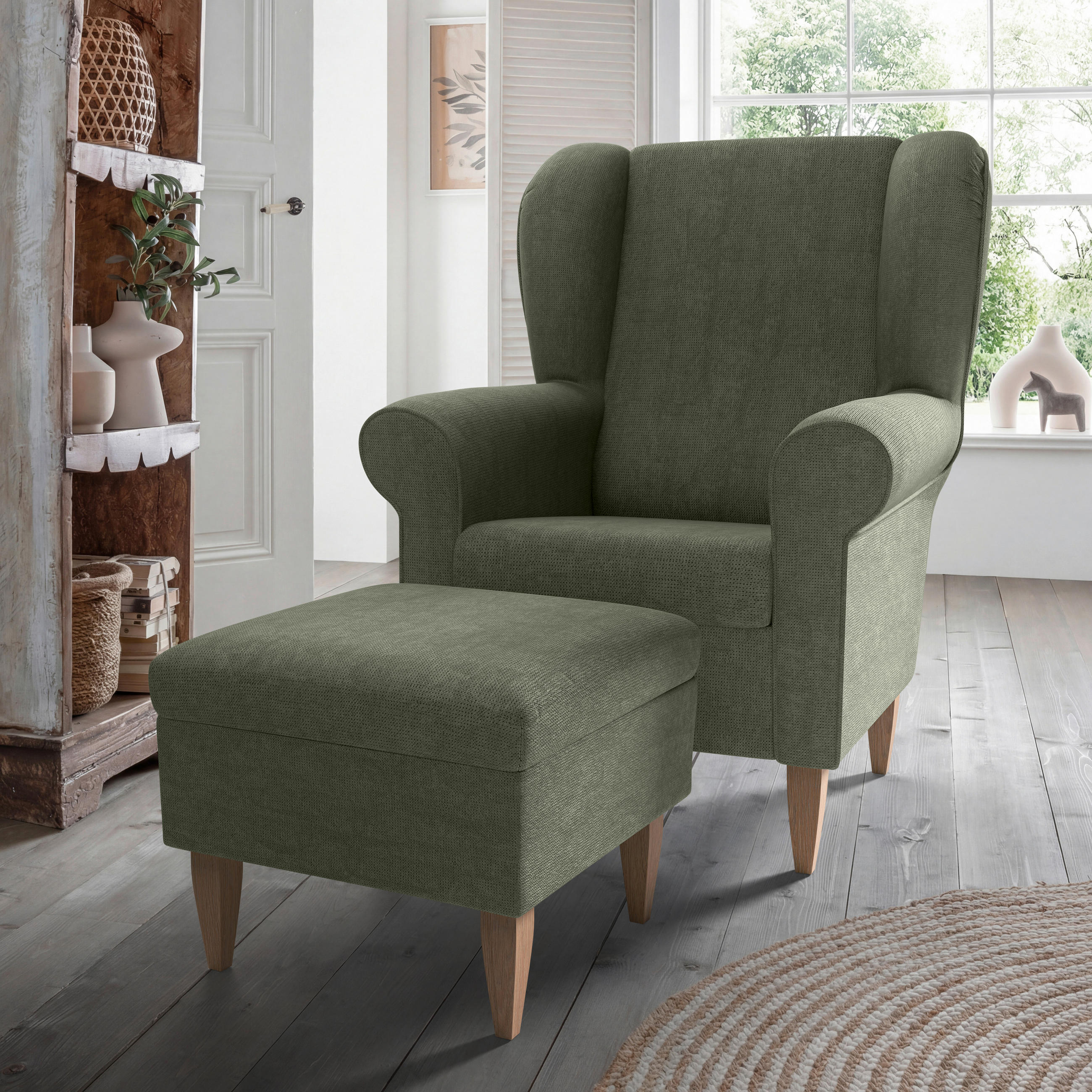 SESSELSET Chenille Dunkelgrün  - Dunkelgrün/Naturfarben, Konventionell, Holz/Textil (80/102/86cm) - Livetastic