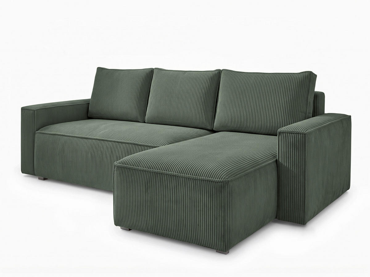 ECKSOFA Dunkelgrün Cord Rückenkissen, Bettkasten, Schlaffunktion, Rücken echt, Liegefläche im Originalstoff  - Dunkelgrün/Schwarz, MODERN, Kunststoff/Textil (232/140cm) - Xora