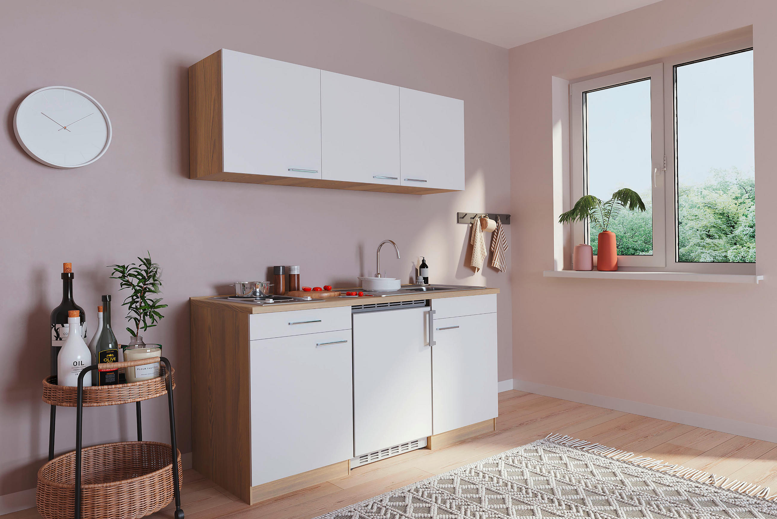 MINIKÜCHE 150 cm   in Weiß, Eichefarben  - Eichefarben/Weiß, Basics, Holzwerkstoff (150cm) - Respekta