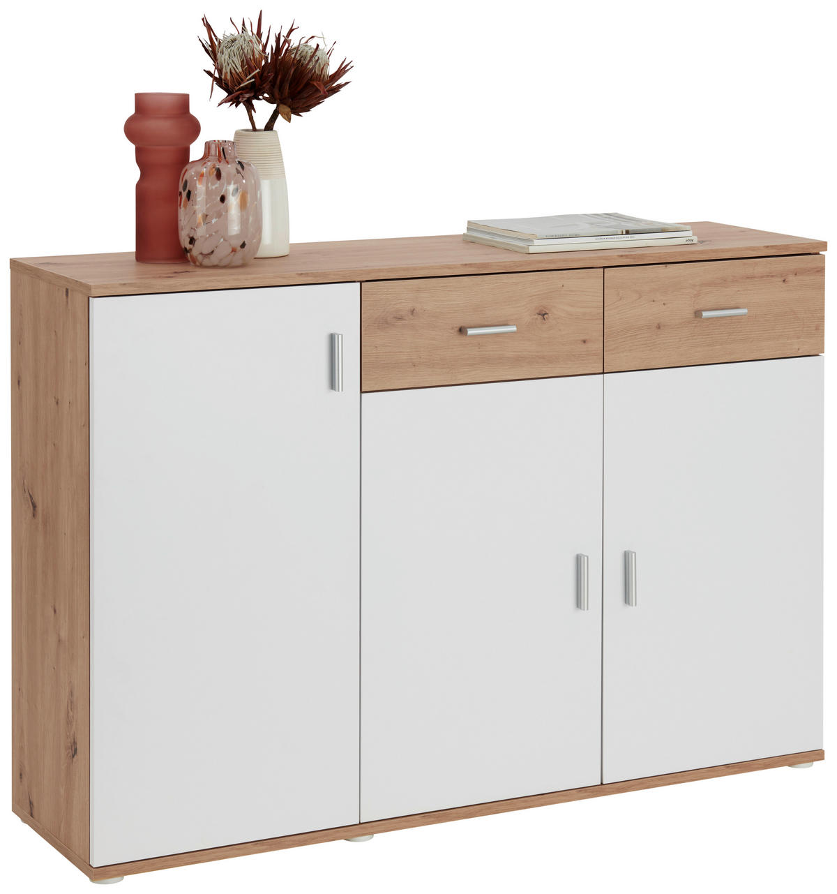 KOMODA  119,9/82/34,3 cm  bela, hrast artisan  - boja aluminijuma/bela, Moderno, pločasti materijal/plastika (119,9/82/34,3cm) - Boxxx