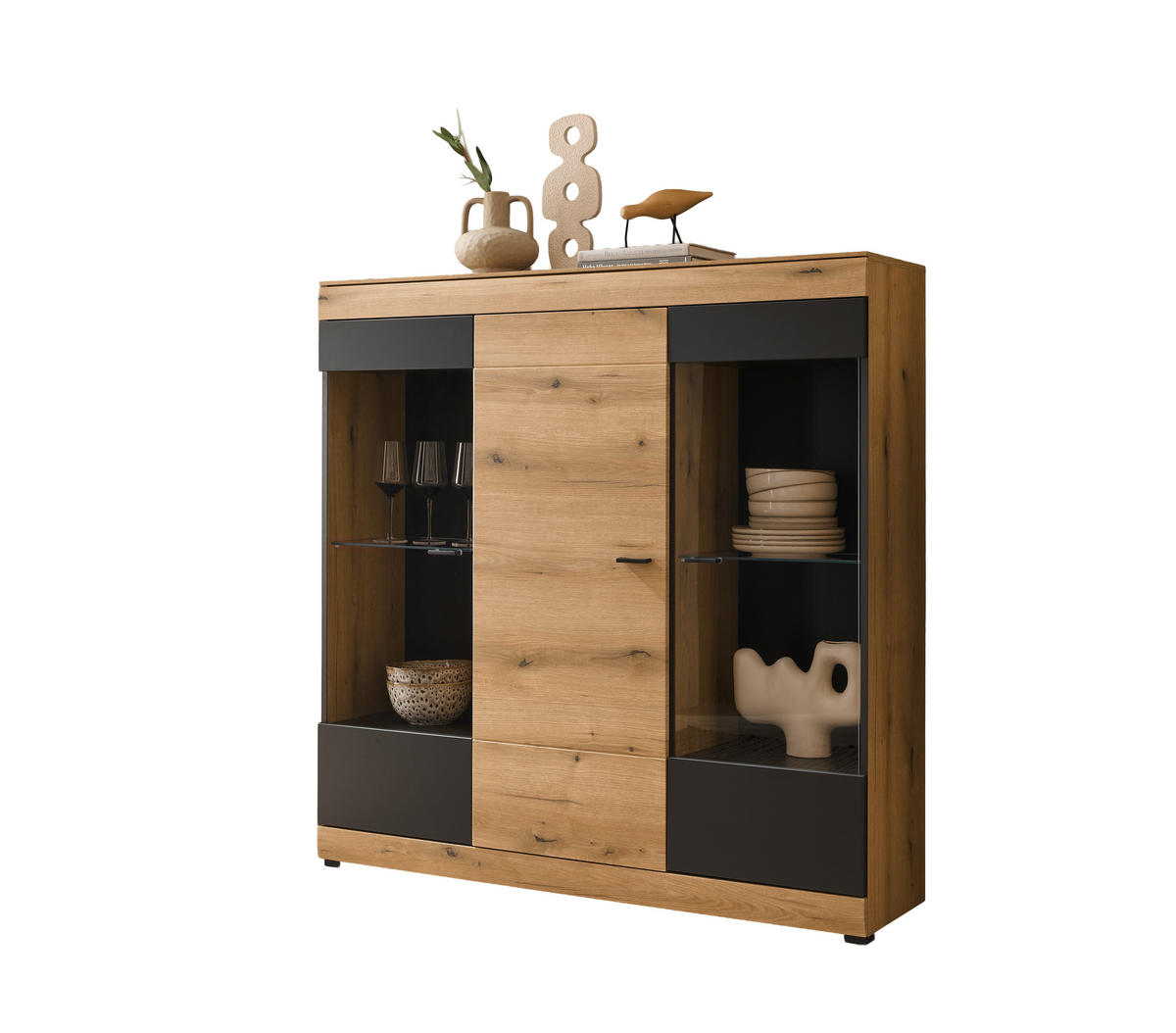 HIGHBOARD , 140/141/35 cm,  - Eichefarben/Schwarz, Design, Glas/Holzwerkstoff (140/141/35cm) - MID.YOU