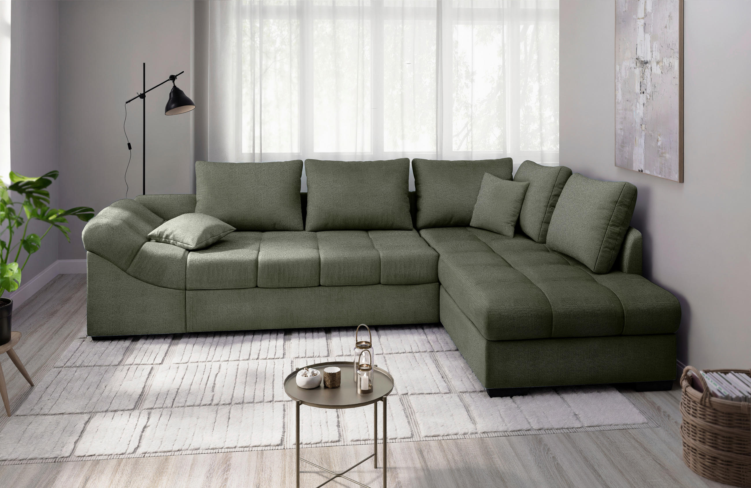 ECKSCHLAFSOFA Alvito Dunkelgrün Chenille  - Dunkelgrün/Schwarz, MODERN, Holz/Textil (298/202cm) - MID.YOU