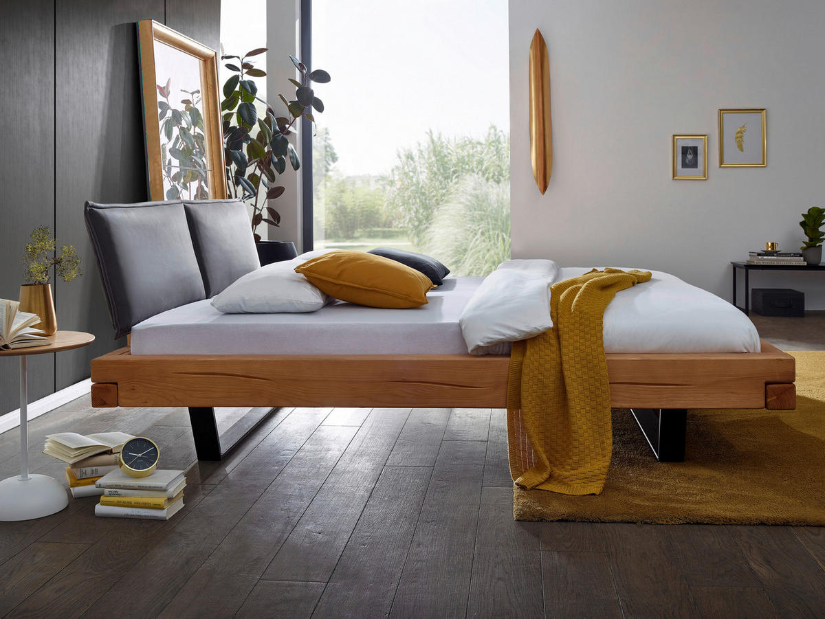 TÖMÖRFA ÁGY 180/200 cm  tölgyfa, borostyánszínű  - fekete/borostyánszínű, Modern, textil/fa (180/200cm) - Livetastic