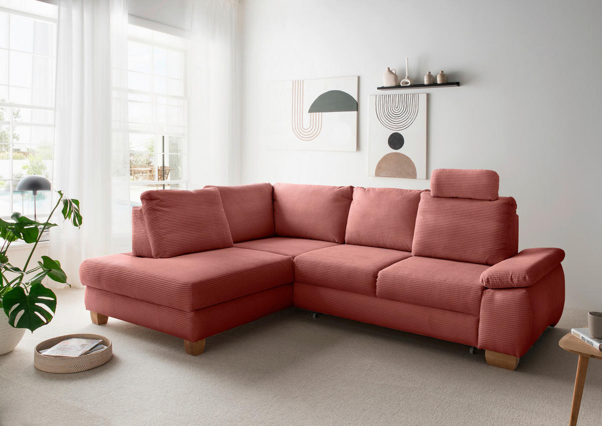 ECKSCHLAFSOFA in Cord Koralle  - Wildeiche/Koralle, Modern, Holz/Textil (206/261cm) - Livetastic