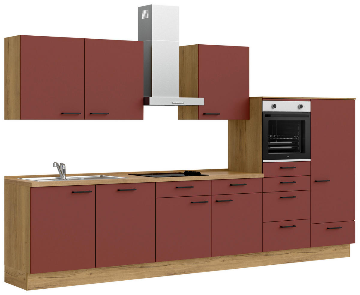 KÜCHENBLOCK 360 cm   in Eichefarben, Dunkelrot  - Eichefarben/Schwarz, MODERN, Holzwerkstoff/Metall (360cm) - Nobilia
