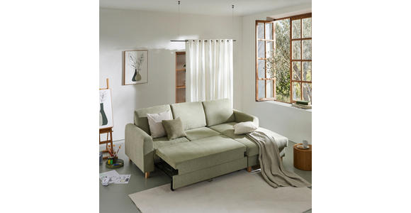 ECKSOFA Hellgrün Flachgewebe Bettkasten, Schlaffunktion, Rücken echt, Kopfstütze, Liegefläche im Originalstoff  - Buchefarben/Hellgrün, KONVENTIONELL, Holz/Textil (241/166cm) - Carryhome
