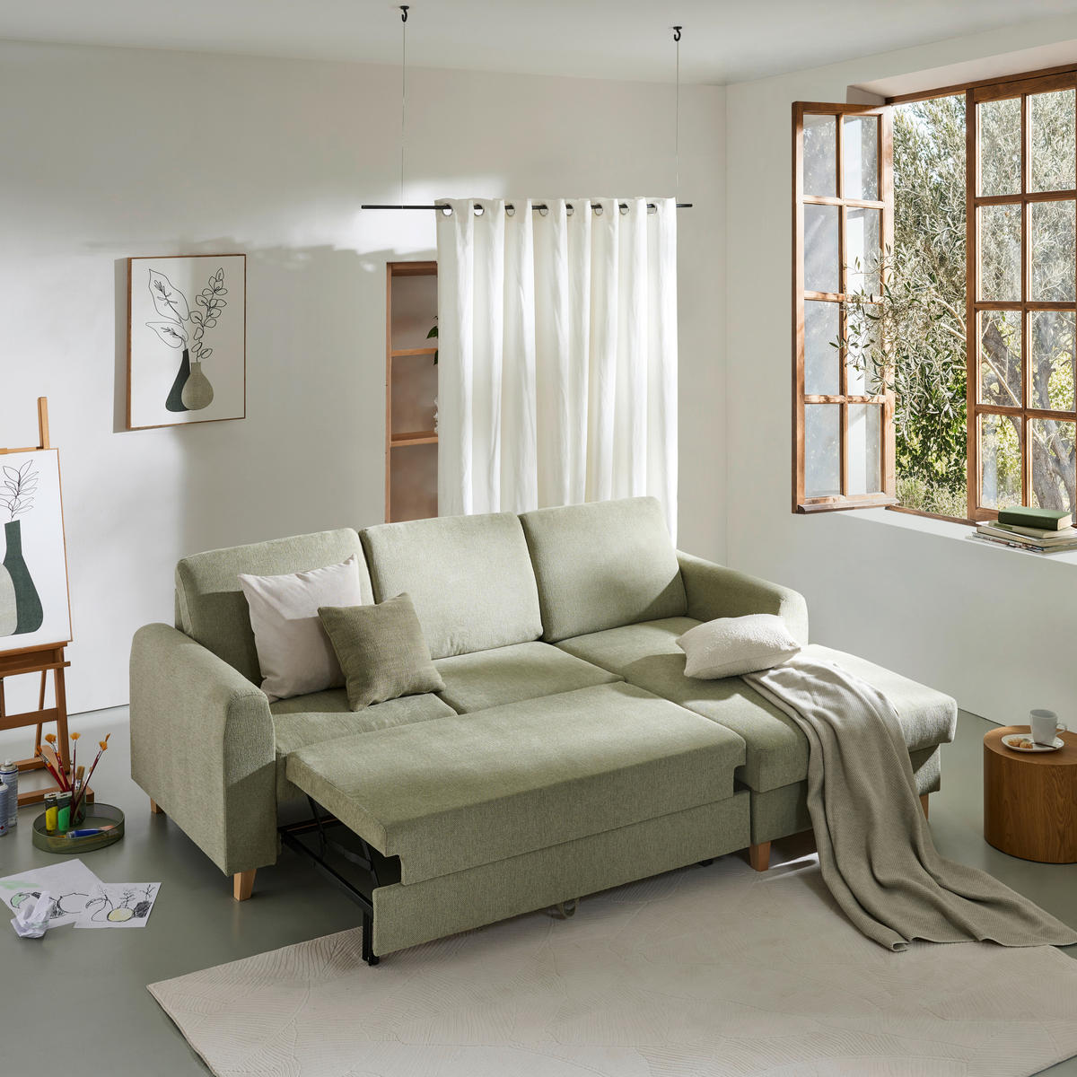 ECKSOFA Hellgrün Flachgewebe  - Buchefarben/Hellgrün, KONVENTIONELL, Holz/Textil (241/166cm) - Carryhome