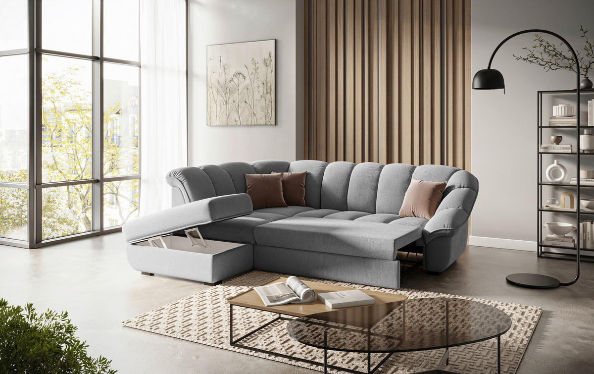 ECKSOFA Anthrazit Chenille Bettkasten, Schlaffunktion, Rücken echt  - Anthrazit/Schwarz, KONVENTIONELL, Kunststoff/Textil (222/260cm) - Welnova