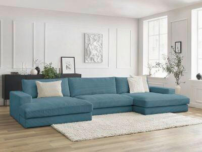 WOHNLANDSCHAFT LEONARD Hellblau Cord  - Schwarz/Hellblau, MODERN, Kunststoff/Textil (159/404/159cm)