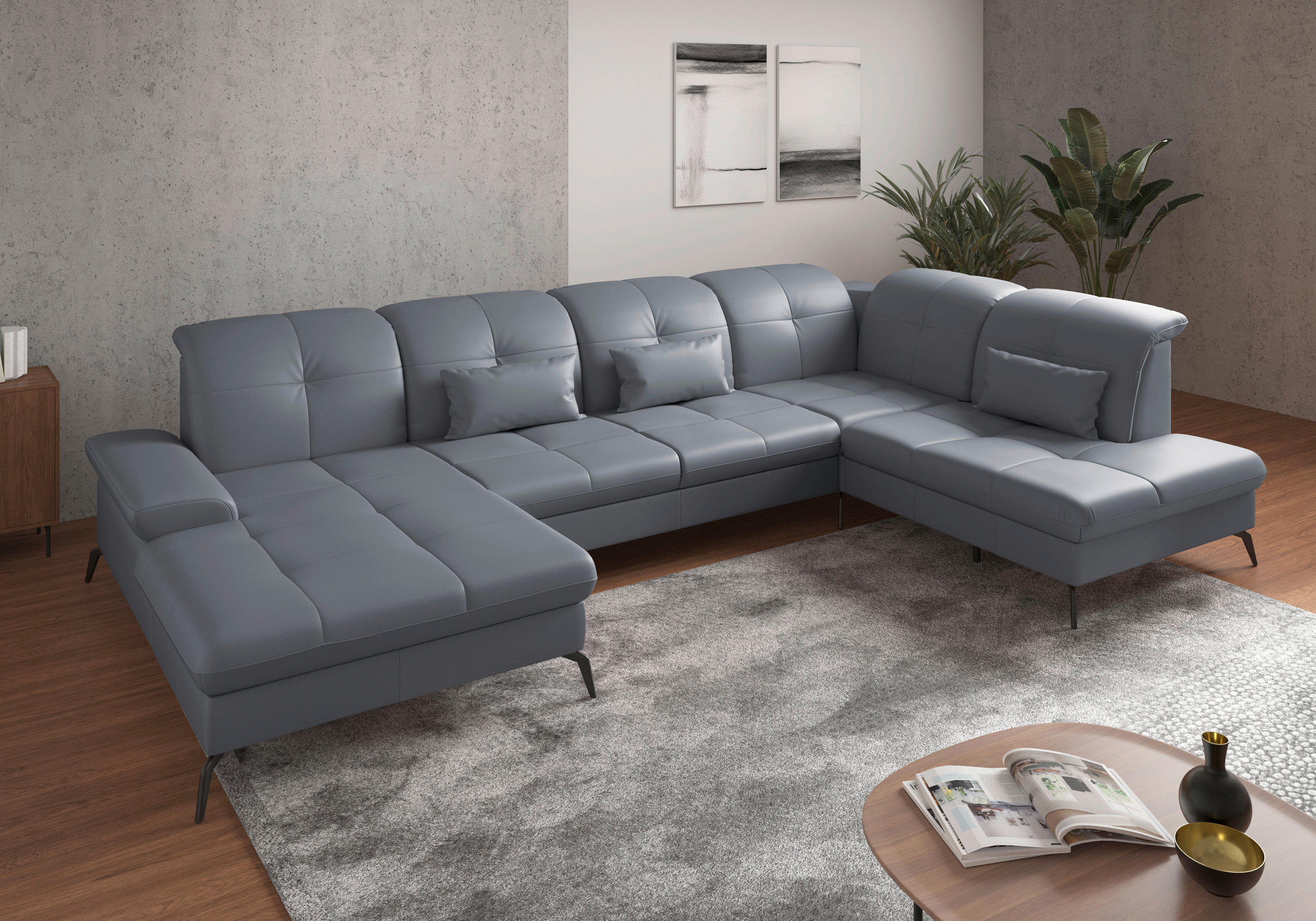 WOHNLANDSCHAFT in Echtleder Graublau  - Graublau/Schwarz, KONVENTIONELL, Leder/Metall (185/357/231cm) - Sit & More