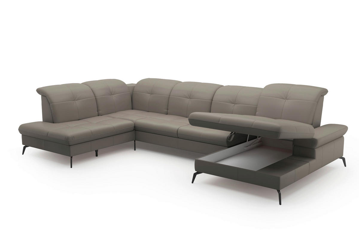WOHNLANDSCHAFT Grau Kombination Echtleder/Stoff Vliesstoff  - Schwarz/Grau, KONVENTIONELL, Leder/Textil (231/357/185cm) - Sit & More