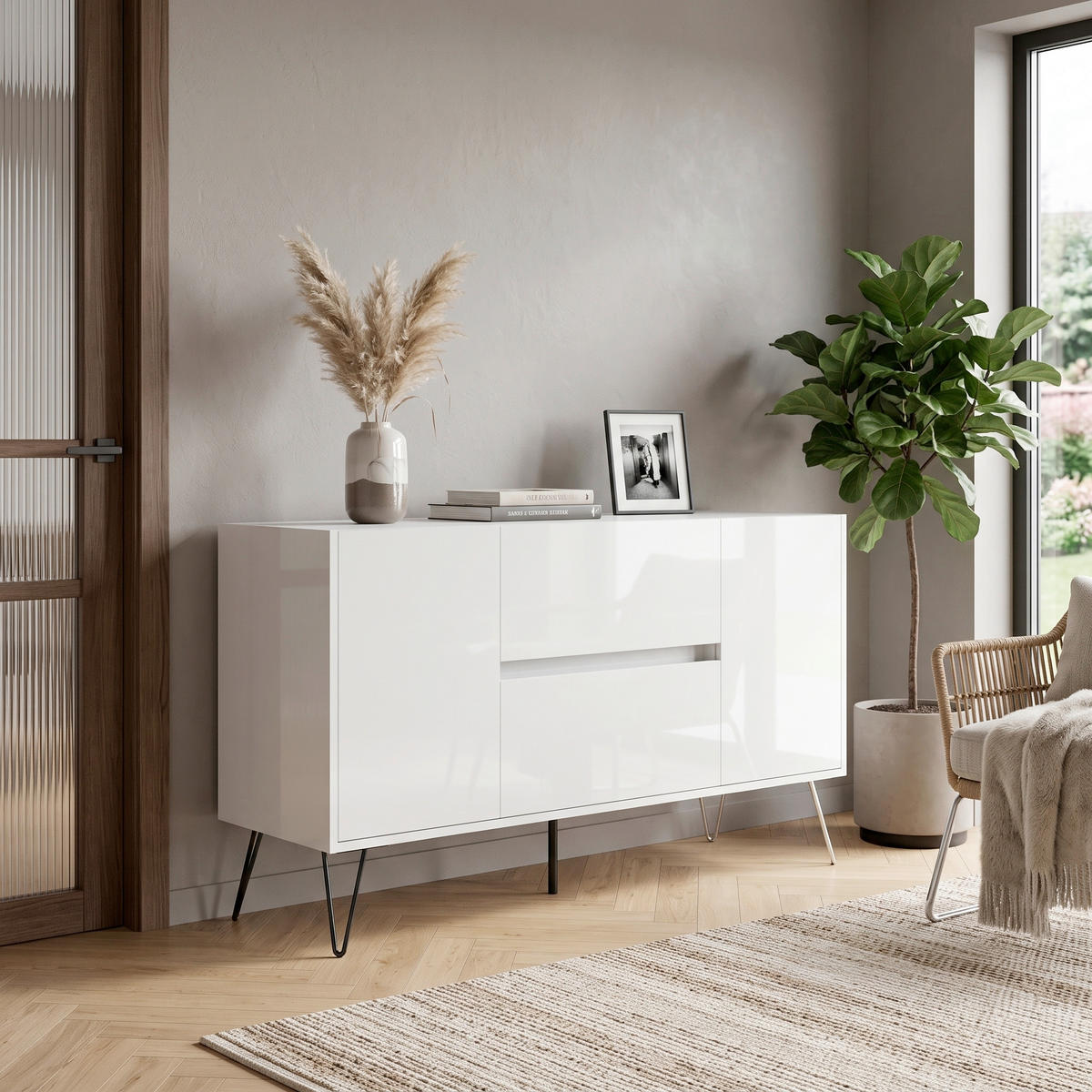 SIDEBOARD Posseik Industrial 139/75,8/42 cm 2 Schublade(n)  - Weiß Hochglanz/Schwarz, Design, Holzwerkstoff/Metall (139/75,8/42cm) - MID.YOU