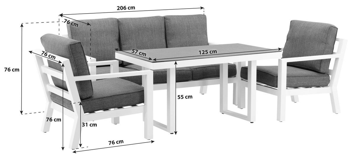 LOUNGEGARNITUR 4-teilig   Aluminium  - Weiß/Grau, Basics, Textil/Metall - Gardenson