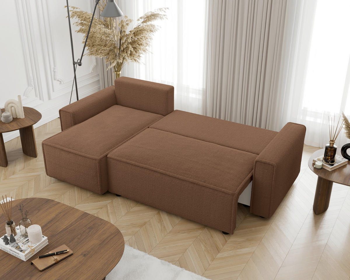 ECKSOFA Rostfarben Bouclé Zierkissen, Rückenkissen, Bettkasten, Schlaffunktion, Rücken echt, Liegefläche im Originalstoff  - Rostfarben/Schwarz, MODERN, Kunststoff/Textil (143/232cm) - Carryhome