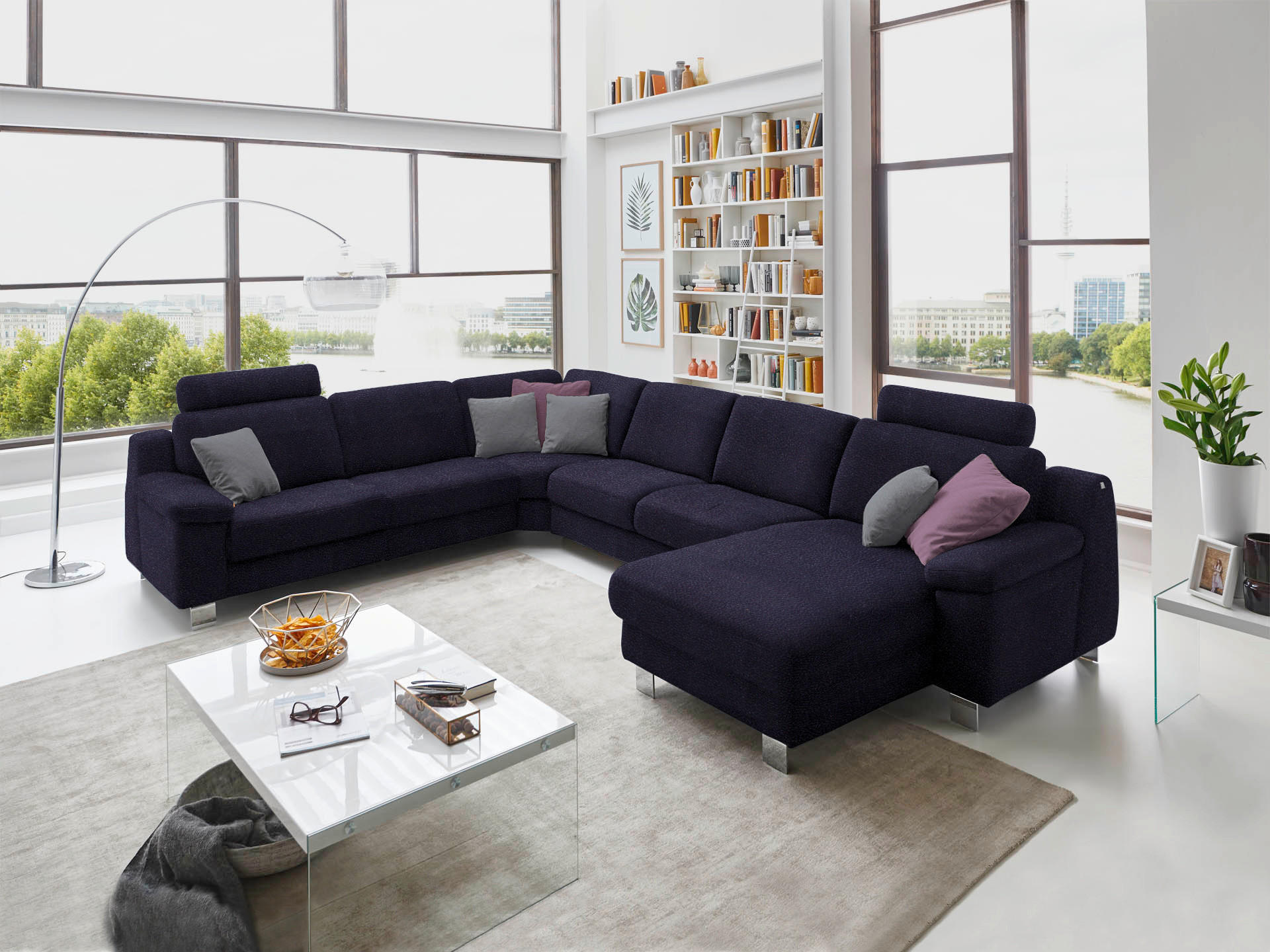 WOHNLANDSCHAFT in Mikrofaser Schwarz  - Chromfarben/Schwarz, Design, Textil/Metall (278/364/166cm) - Valdera