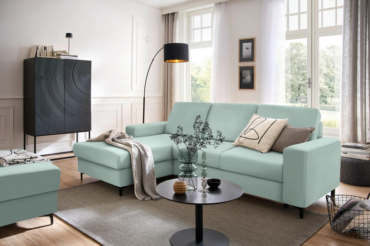 ECKSOFA in Cord Mintgrün  - Schwarz/Mintgrün, Konventionell, Textil/Metall (167/247cm) - Stylife