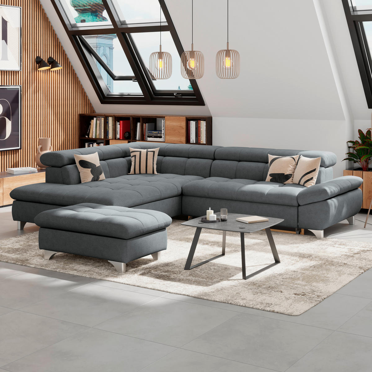 ECKSOFA Graphitfarben Chenille  - Chromfarben/Graphitfarben, KONVENTIONELL, Textil/Metall (234/312cm) - Livetastic