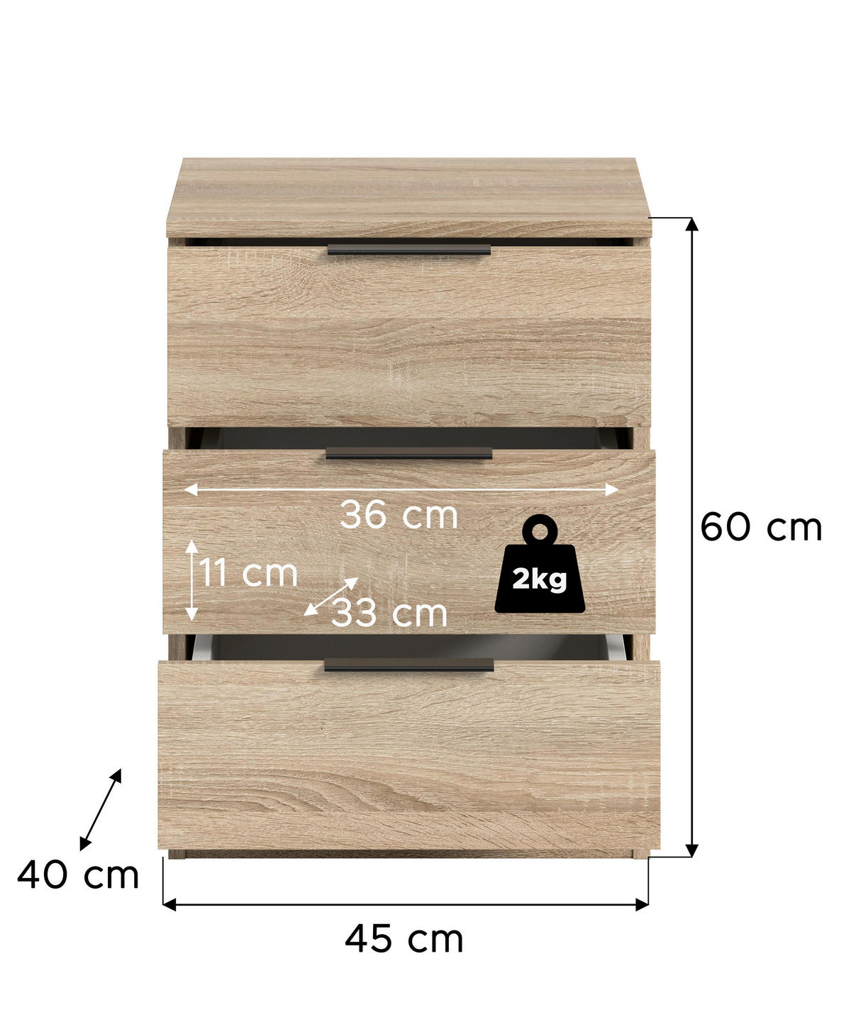 NACHTSCHRANK 45/60/40 cm  - Schwarz/Sonoma Eiche, MODERN, Holzwerkstoff/Kunststoff (45/60/40cm) - MID.YOU