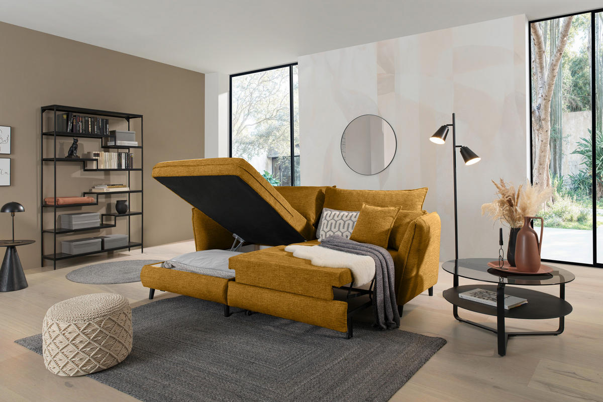 HÖRNSOFFA i struktur senapsgul  - svart/senapsgul, Design, trä/textil (245/161cm) - Livetastic