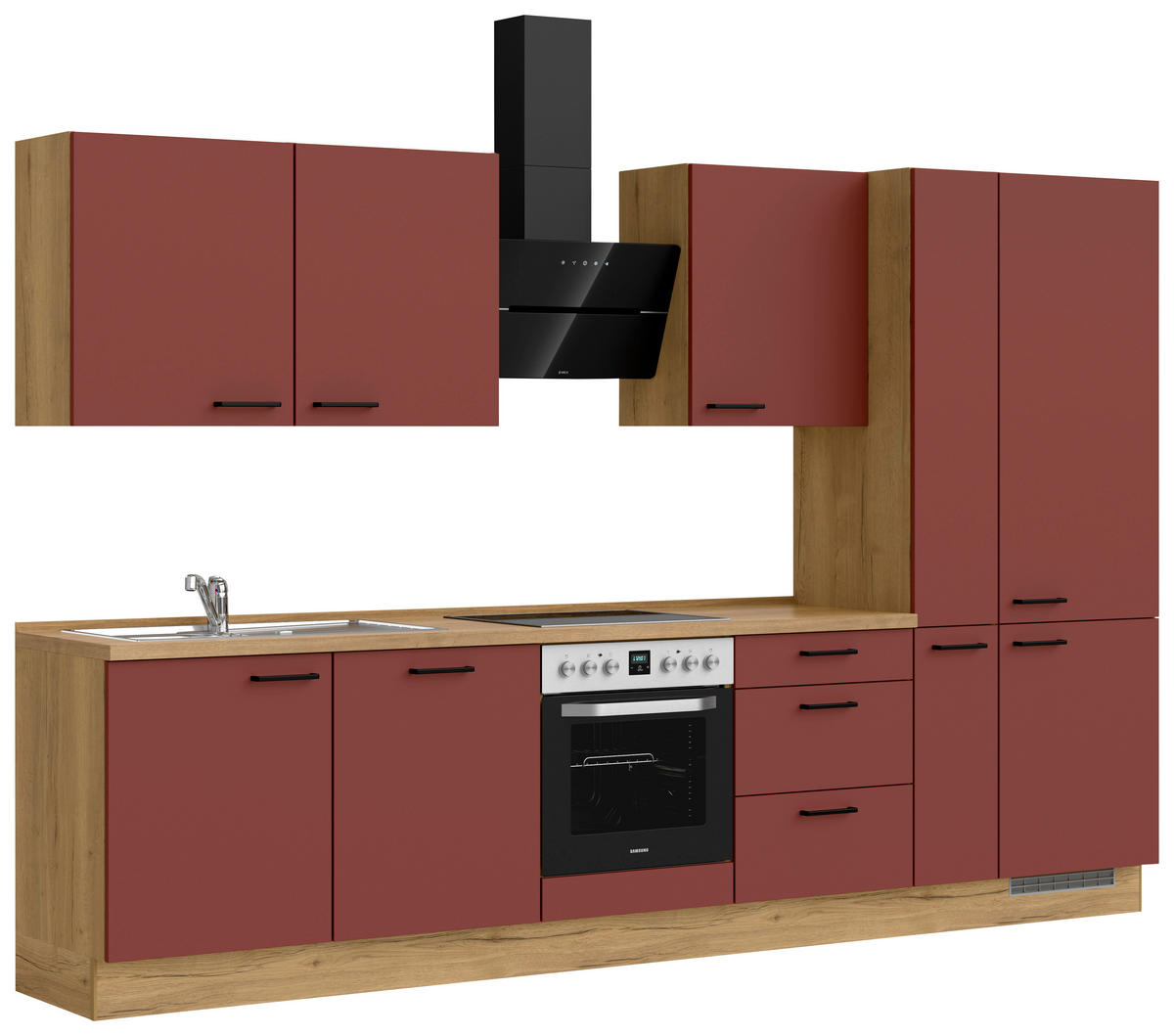 KÜCHENBLOCK 330 cm   in Eichefarben, Dunkelrot  - Eichefarben/Schwarz, MODERN, Holzwerkstoff/Metall (330cm) - Nobilia