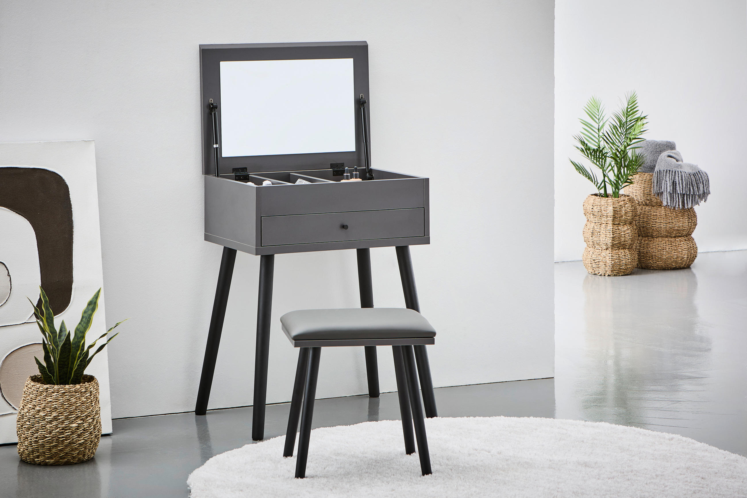 SCHMINKTISCH Kiefer massiv Grau, Schwarz, Weiß  - Schwarz/Weiß, LIFESTYLE, Glas/Holz (60/82/42cm) - MID.YOU