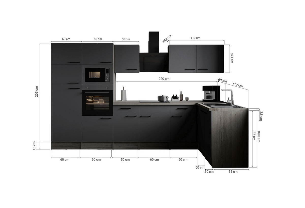 HÖRNKÖK 340/172 cm  i grå, ekfärgad  - svart/grå, Design, metall/trämaterial (340/172cm) - Respekta