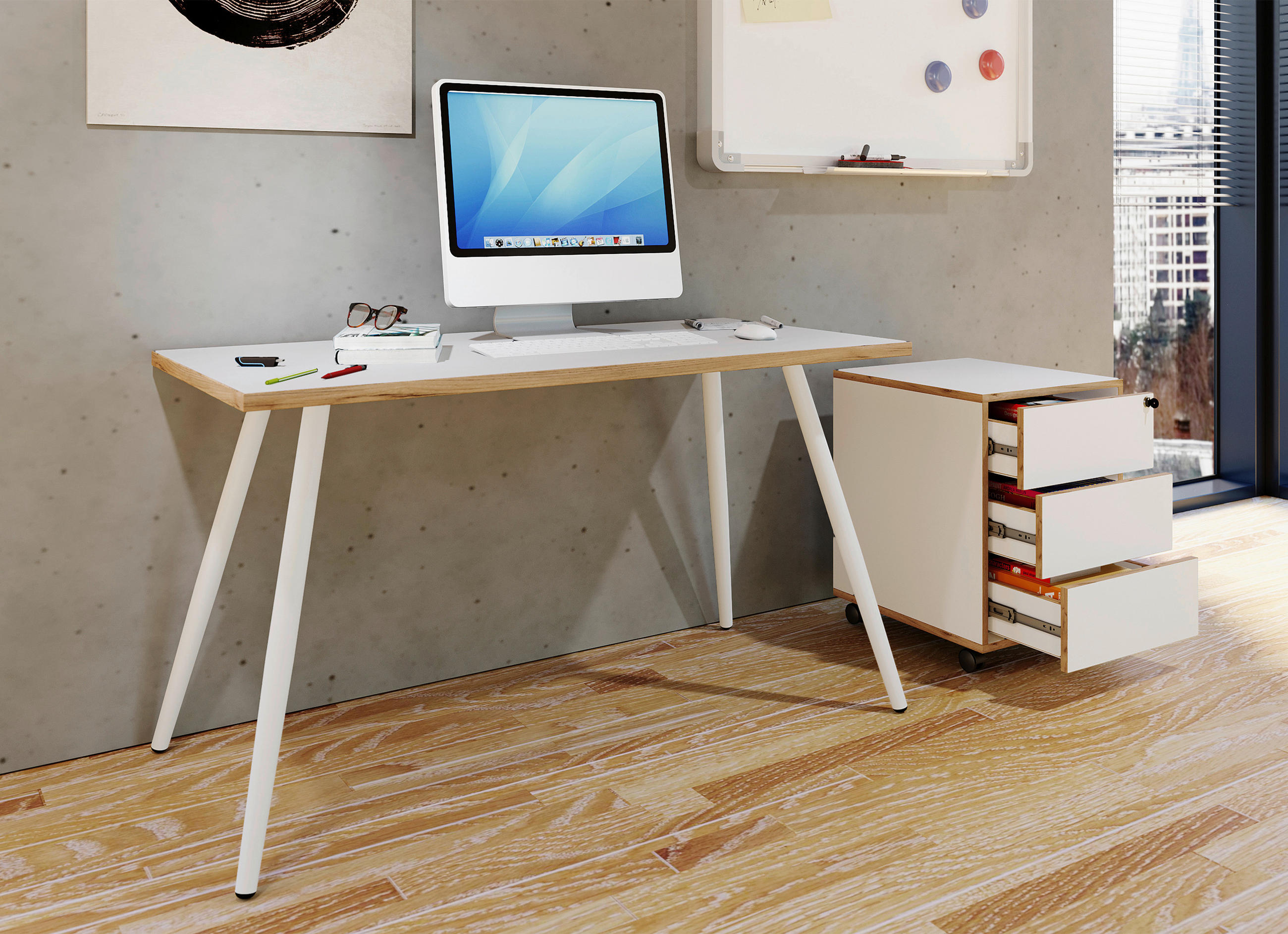 Thumbnail - Mid.you Schreibtisch, Weiß, Honigeiche, Metall, Holzwerkstoff, rechteckig, konisch, 50x70x138 cm, Arbeitszimmer, Schreib...