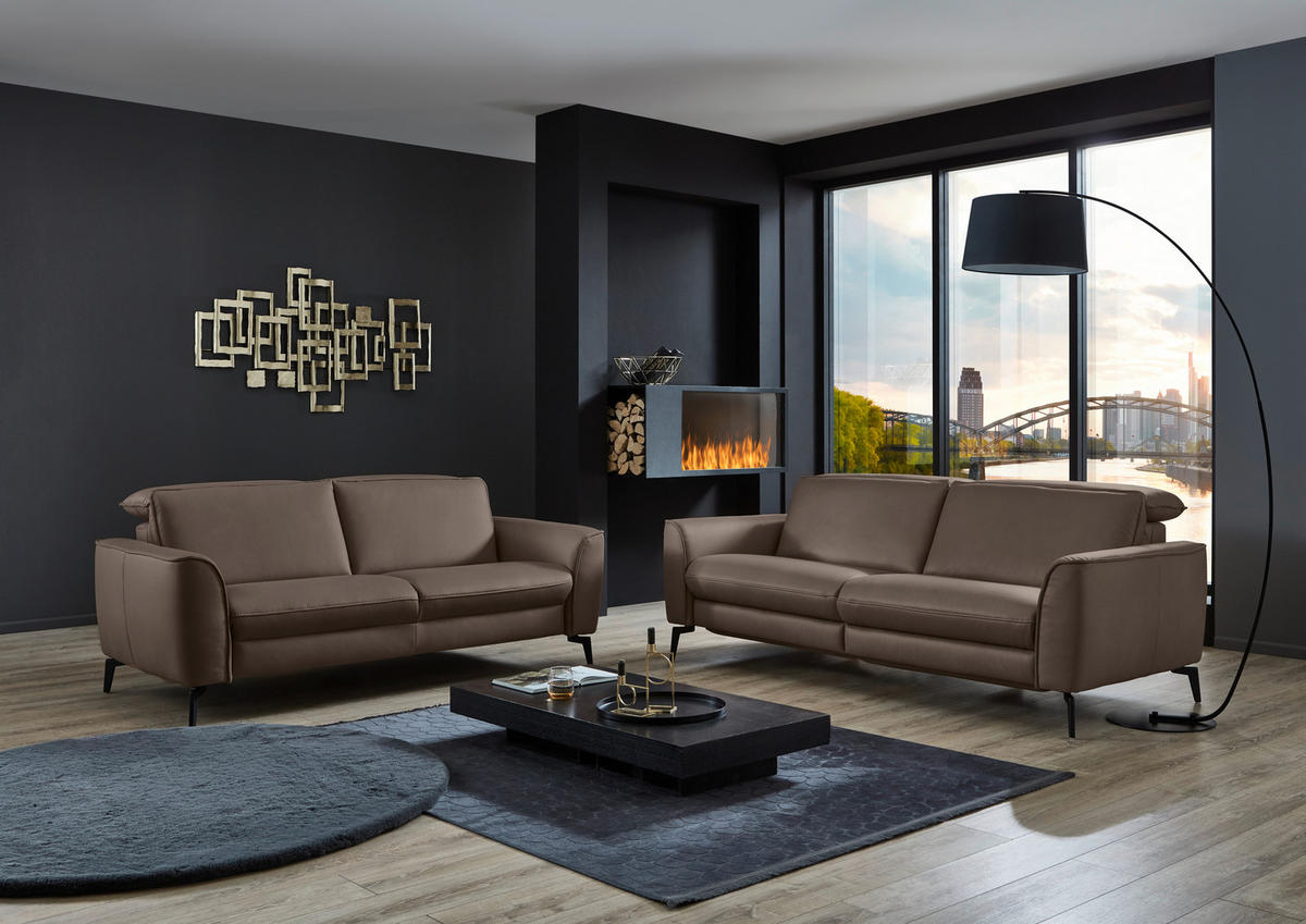 3-SITZER-SOFA in Echtleder Dunkelbraun  - Dunkelbraun/Schwarz, Natur, Leder/Metall (222/81/110cm) - Valdera