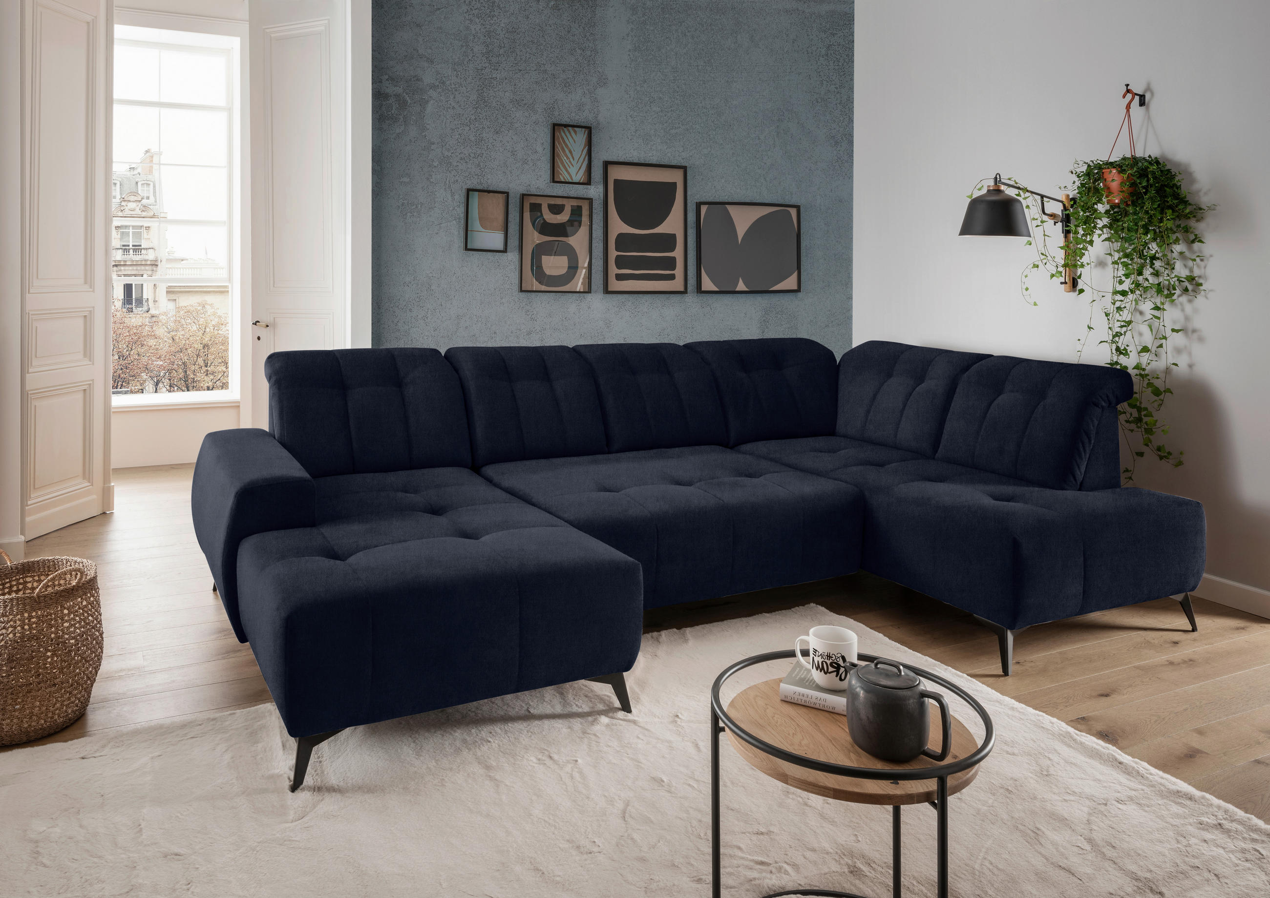 WOHNLANDSCHAFT Dunkelblau Mikrofaser  - Schwarz/Dunkelblau, MODERN, Textil/Metall (180/337/200cm) - Livetastic