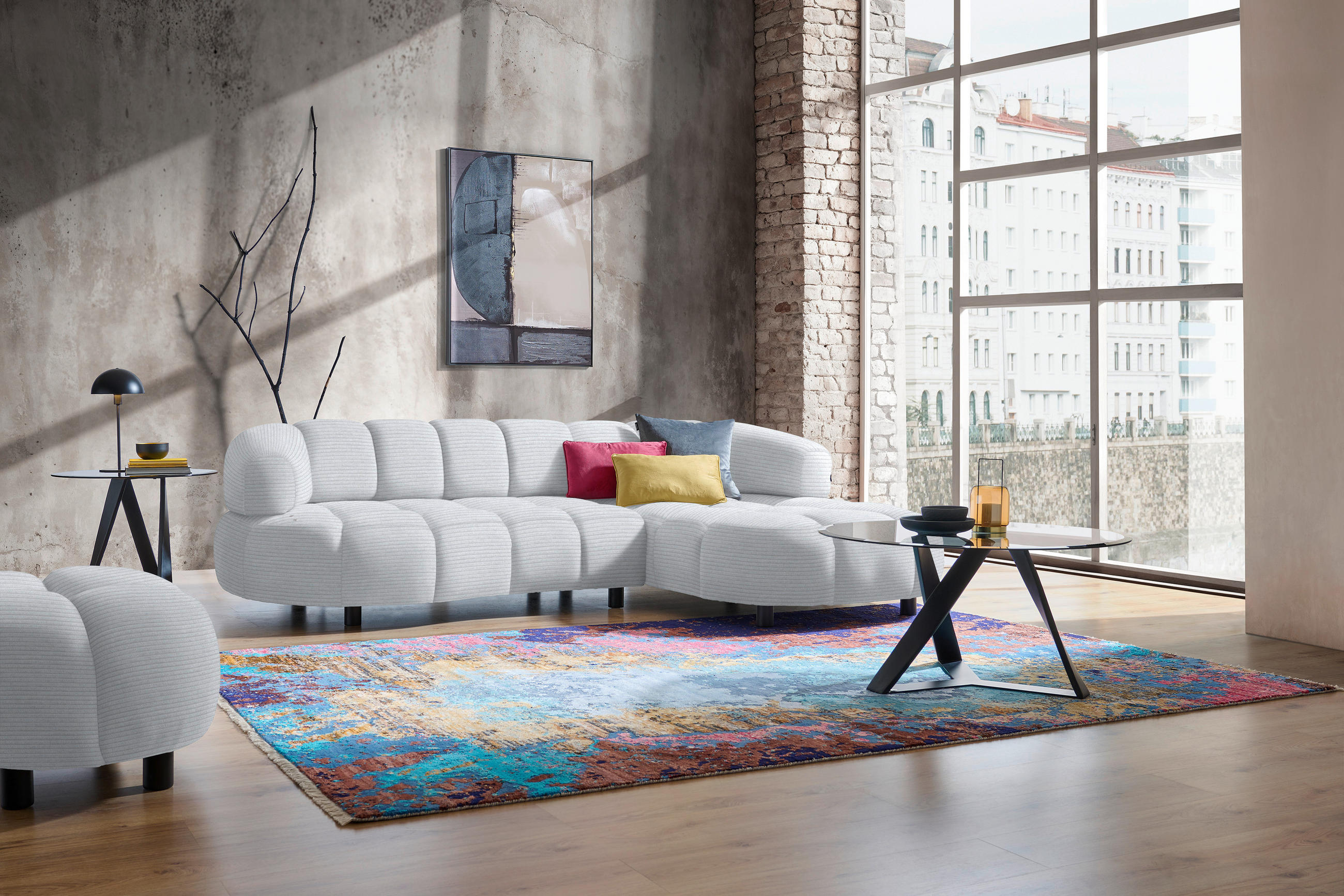 ECKSOFA in Cord, Velours Hellgrau  - Hellgrau/Schwarz, Design, Holz/Textil (284/183cm) - Welnova