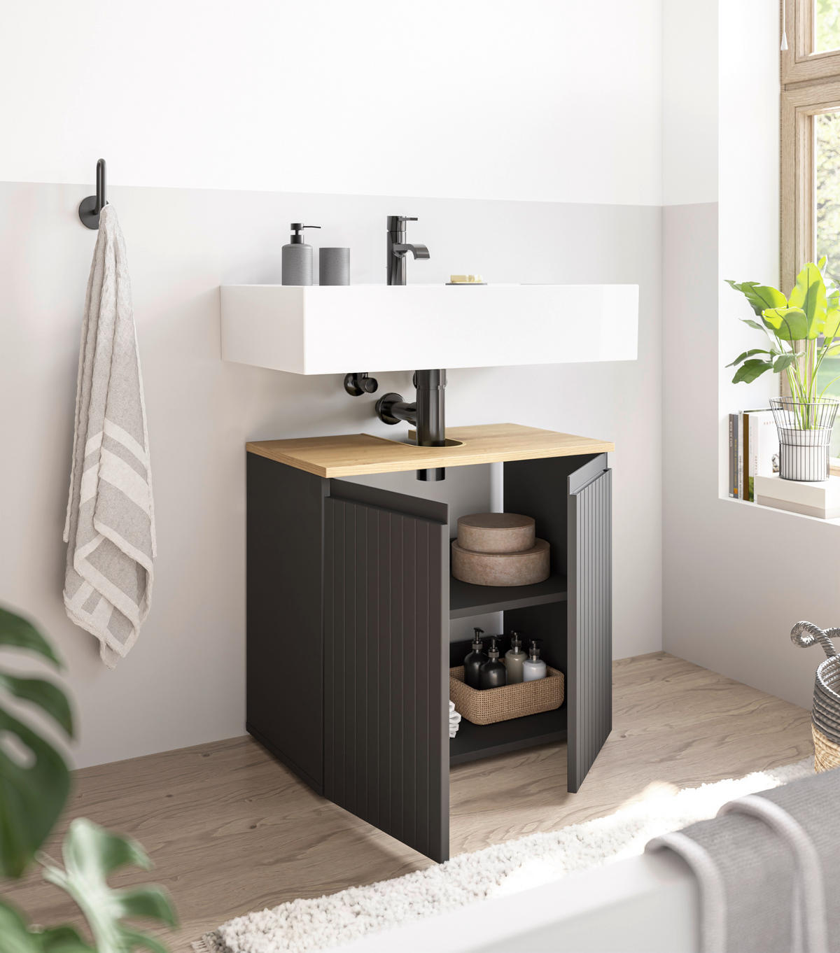 WASCHBECKENUNTERSCHRANK 60/57/36 cm  - Eichefarben/Schwarz, MODERN, Holzwerkstoff/Kunststoff (60/57/36cm) - MID.YOU