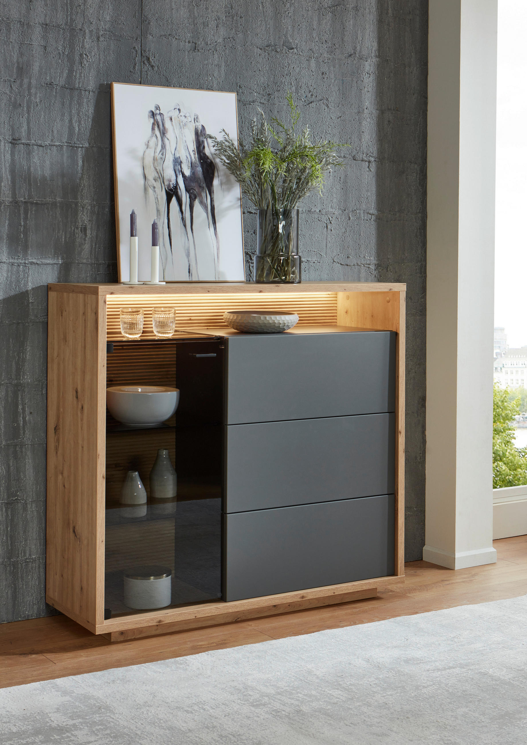 HIGHBOARD Grau, Eiche Artisan  120/113/42 cm  - Graphitfarben/Eiche Artisan, Design, Glas/Holzwerkstoff (120/113/42cm) - Stylife