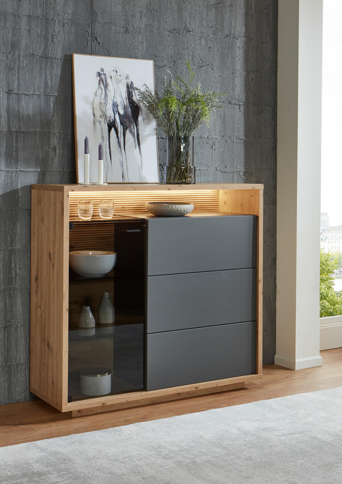 HIGHBOARD Grau, Eiche Artisan  120/113/42 cm  - Graphitfarben/Eiche Artisan, Design, Glas/Holzwerkstoff (120/113/42cm) - Stylife