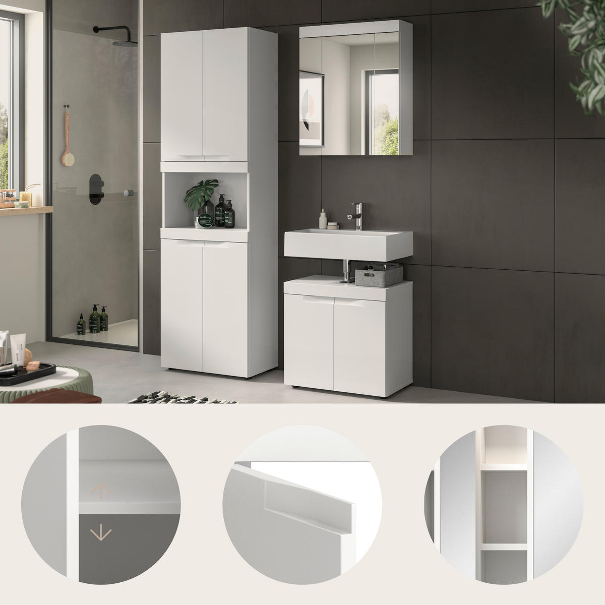 BADEZIMMER 3-teilig  in 135 cm  - Schwarz/Weiß, Trend, Glas/Holzwerkstoff (135cm) - MID.YOU