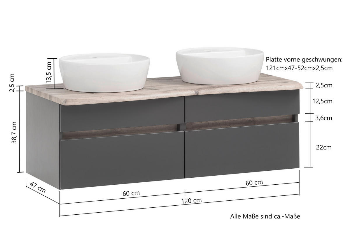 WASCHTISCHKOMBI 121 cm  - Graphitfarben/Weiß, Natur, Keramik/Holzwerkstoff (121cm) - Xora