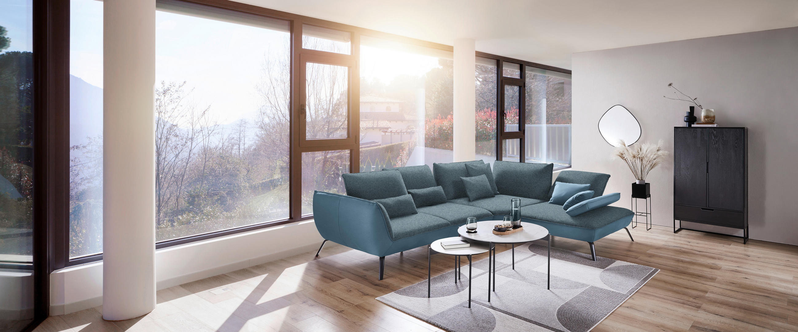 ECKSOFA in Flachgewebe Blau  - Blau/Schwarz, Design, Textil/Metall (310/250cm) - Moderano