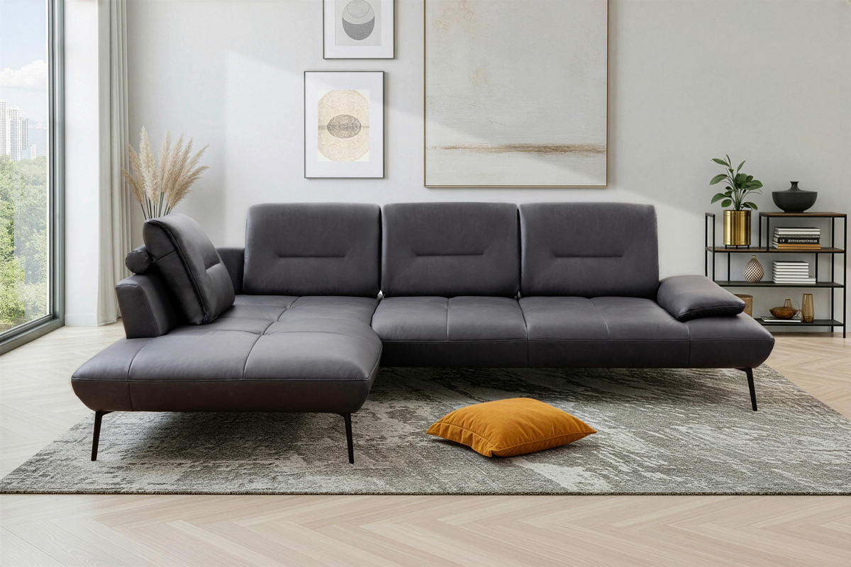 ECKSOFA Anthrazit Echtleder Rücken echt, Sitztiefenverstellung  - Anthrazit/Schwarz, Design, Leder/Metall (190/320cm) - Moderano