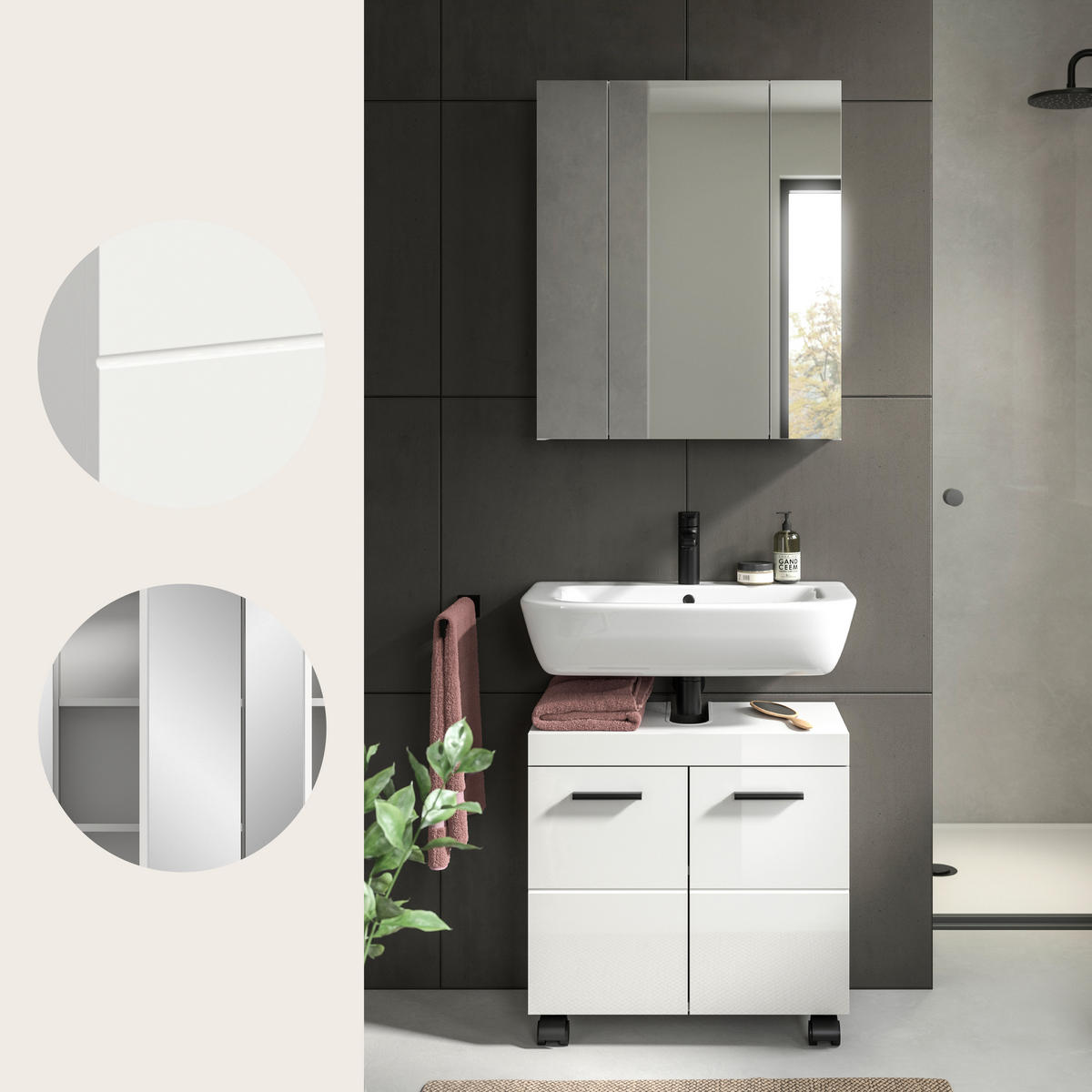 BADEZIMMER 2-teilig  in 60 cm  - Weiß Hochglanz/Schwarz, Trend, Glas/Holzwerkstoff (60cm) - MID.YOU