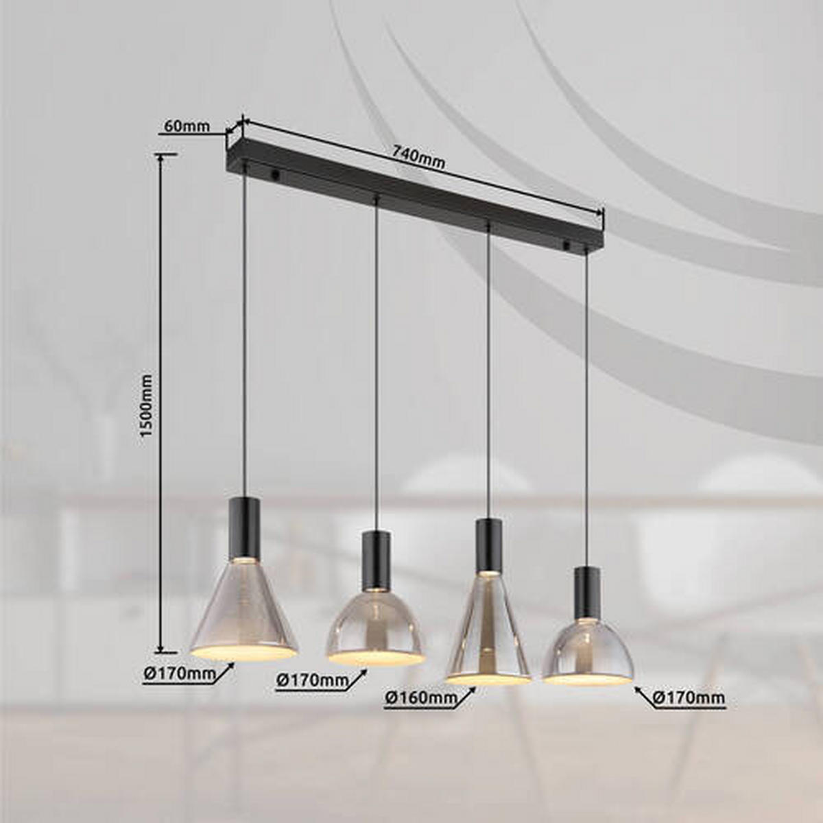 LED-HÄNGLAMPA 87/17/150 cm  - ljusgrå, Design, metall/glas (87/17/150cm) - Globo