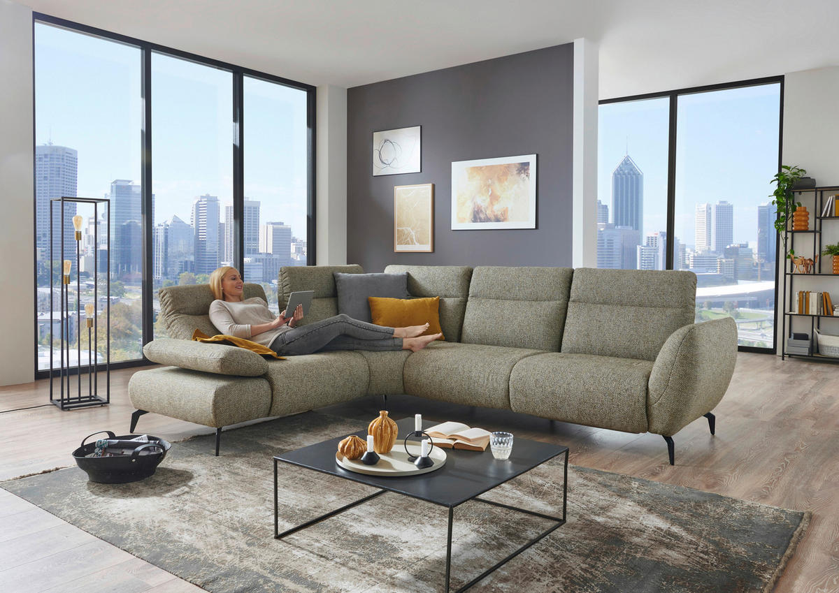 ECKSOFA in Webstoff Graubraun  - Graubraun/Schwarz, Design, Textil/Metall (223/290cm) - Moderano