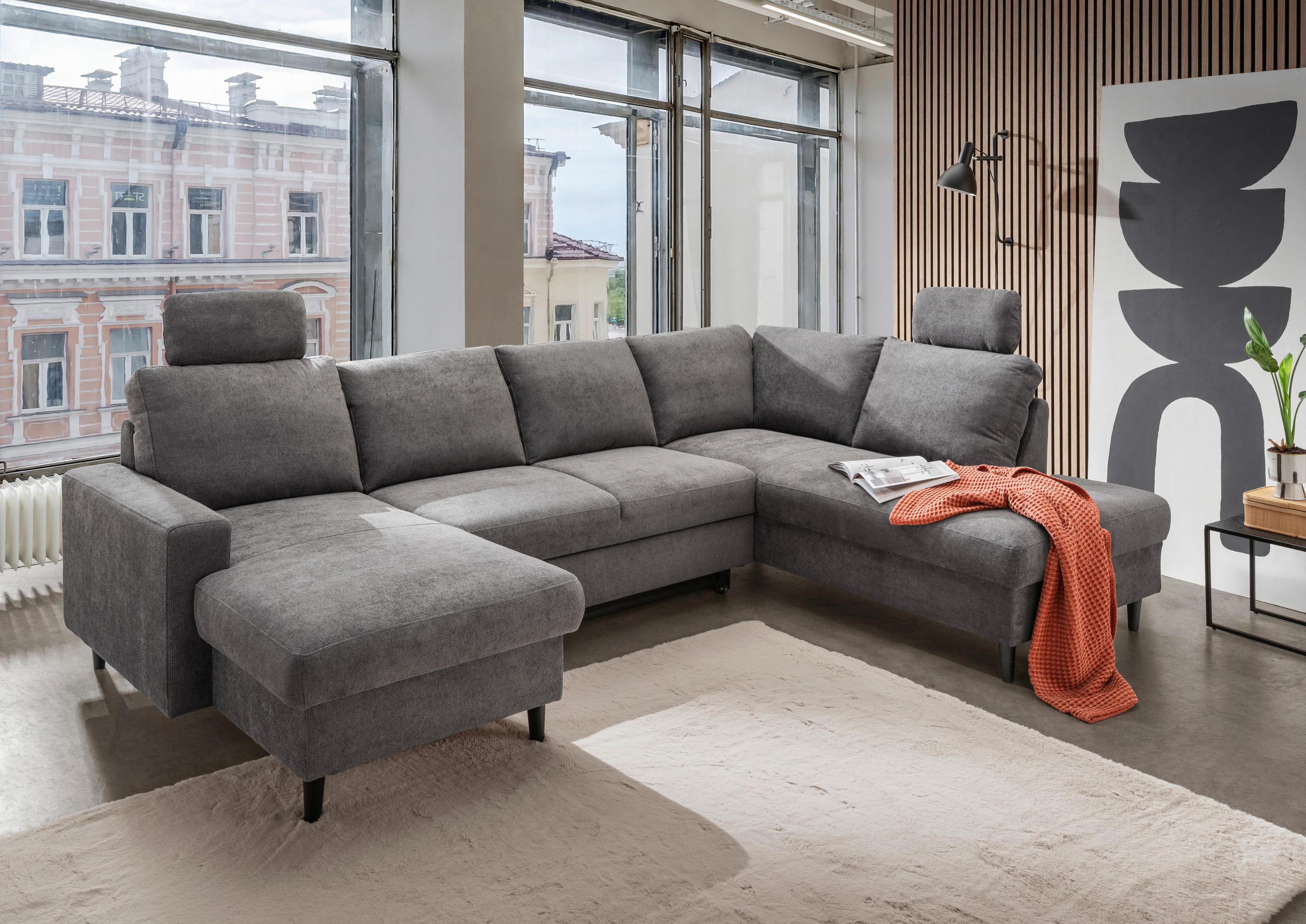 WOHNLANDSCHAFT Dunkelgrau Chenille  - Dunkelgrau/Schwarz, MODERN, Holz/Textil (153/305/200cm) - Livetastic