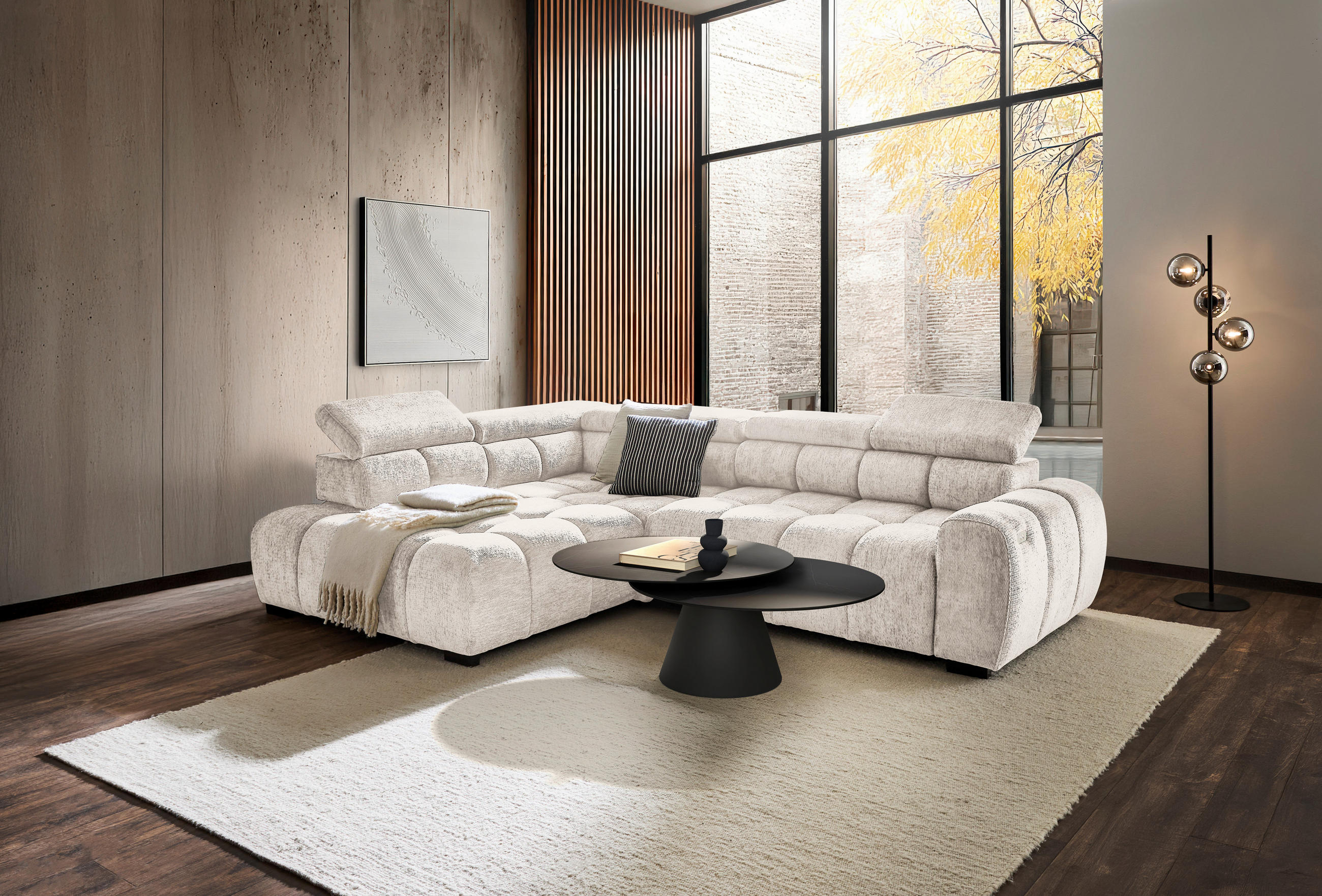 ECKSOFA inkl. Funktionen in Webstoff Beige  - Beige/Schwarz, Modern, Kunststoff/Textil (205/297cm) - Welnova