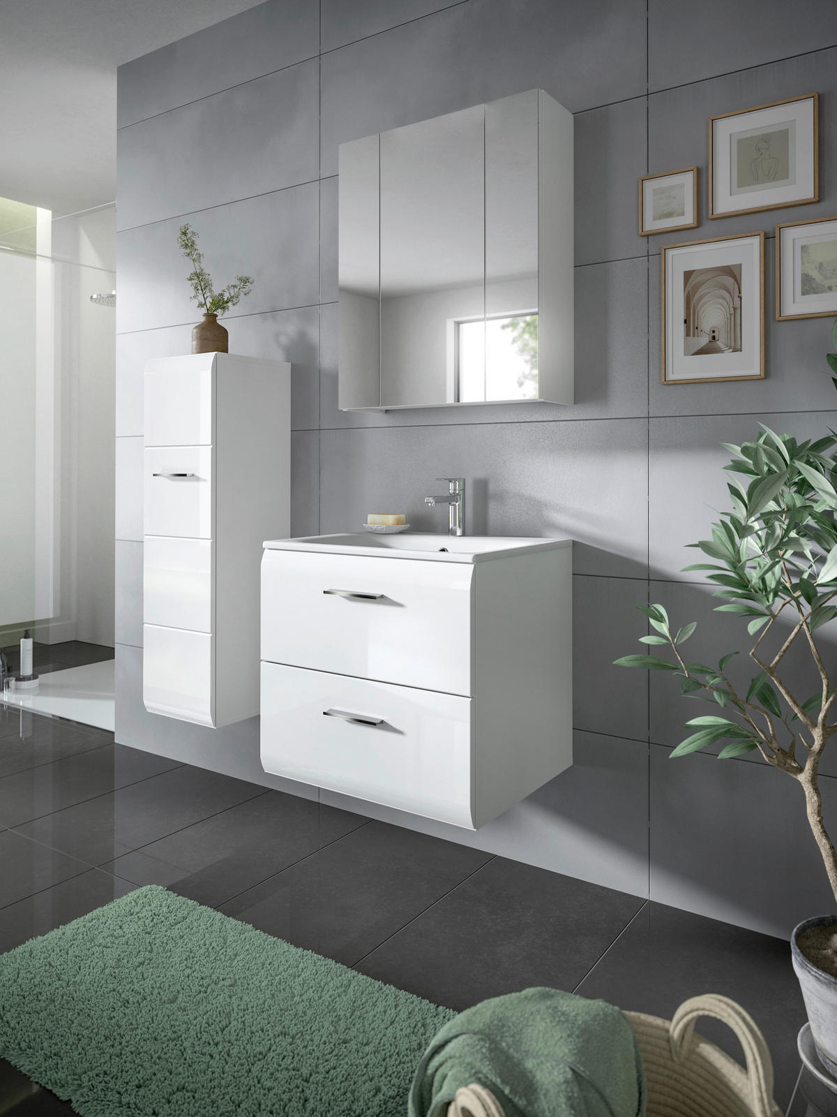 BADEZIMMER 3-teilig 90 cm  - Weiss Hochglanz/Weiss, Modern, Keramik/Holzwerkstoff (90cm) - MID.YOU