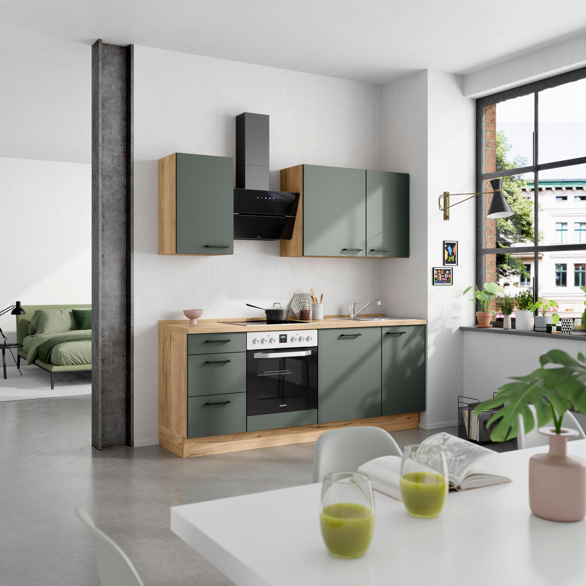 KÜCHENBLOCK Easytouch 210 cm  in Eichefarben, Dunkelgrün  - Dunkelgrün/Eichefarben, MODERN, Holzwerkstoff/Metall (210cm) - Nobilia